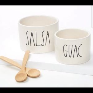 Brand New Rae Dunn Ceramic Guac And Salsa Bowl Set With Bamboo Spoons